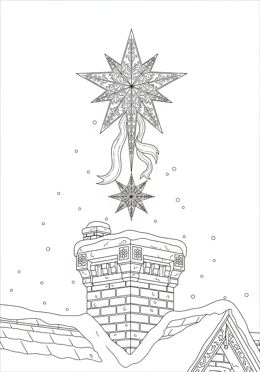Kerstster Kleurplaat 12 sterren boven de besneeuwde schoorsteen kleurplaat
