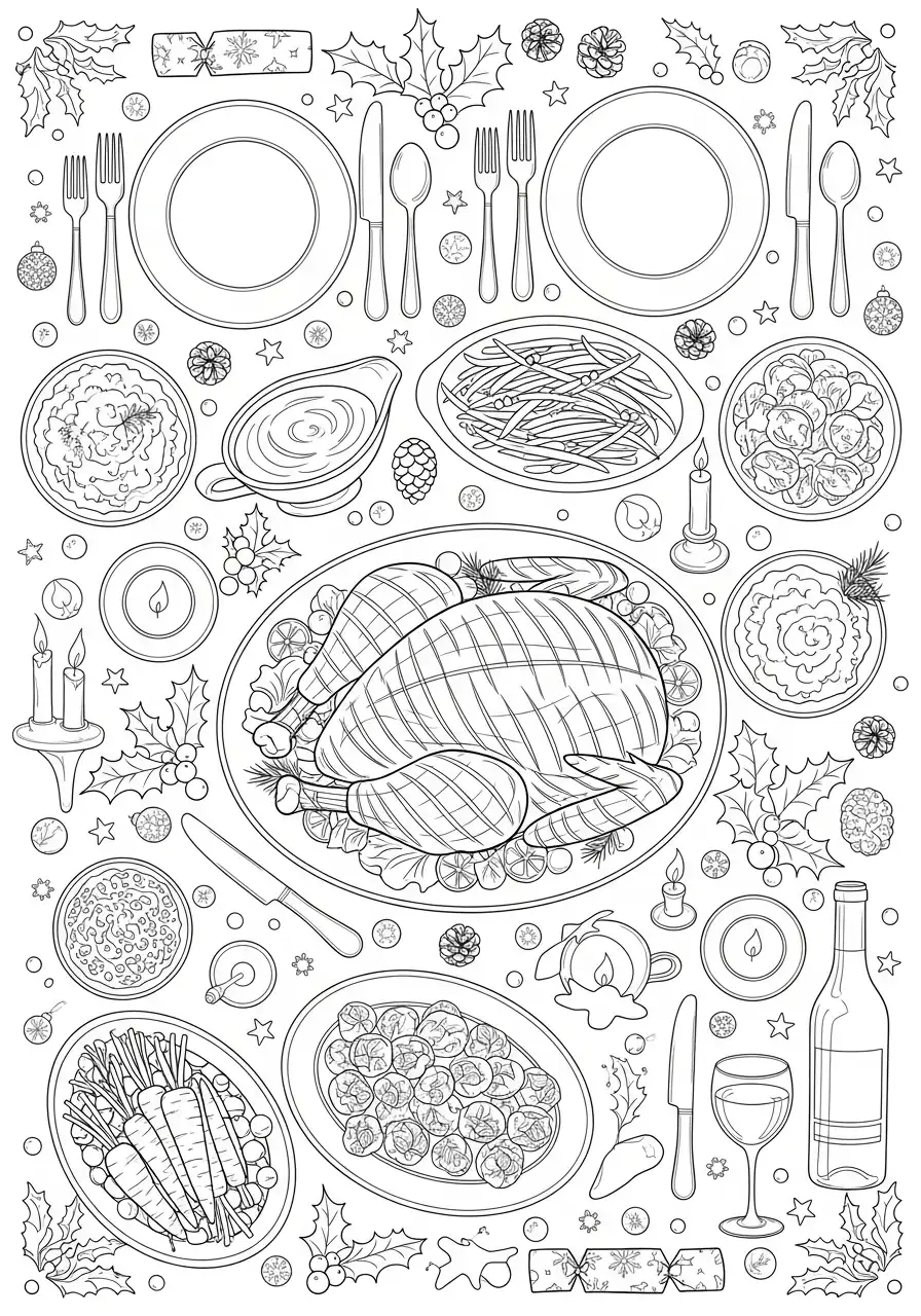 tafel met kalkoen en garnering bovenaanzicht kleurplaat