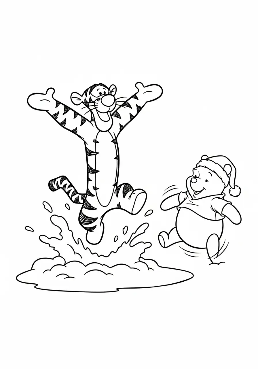 teigetje en poeh springen in de sneeuw kleurplaat