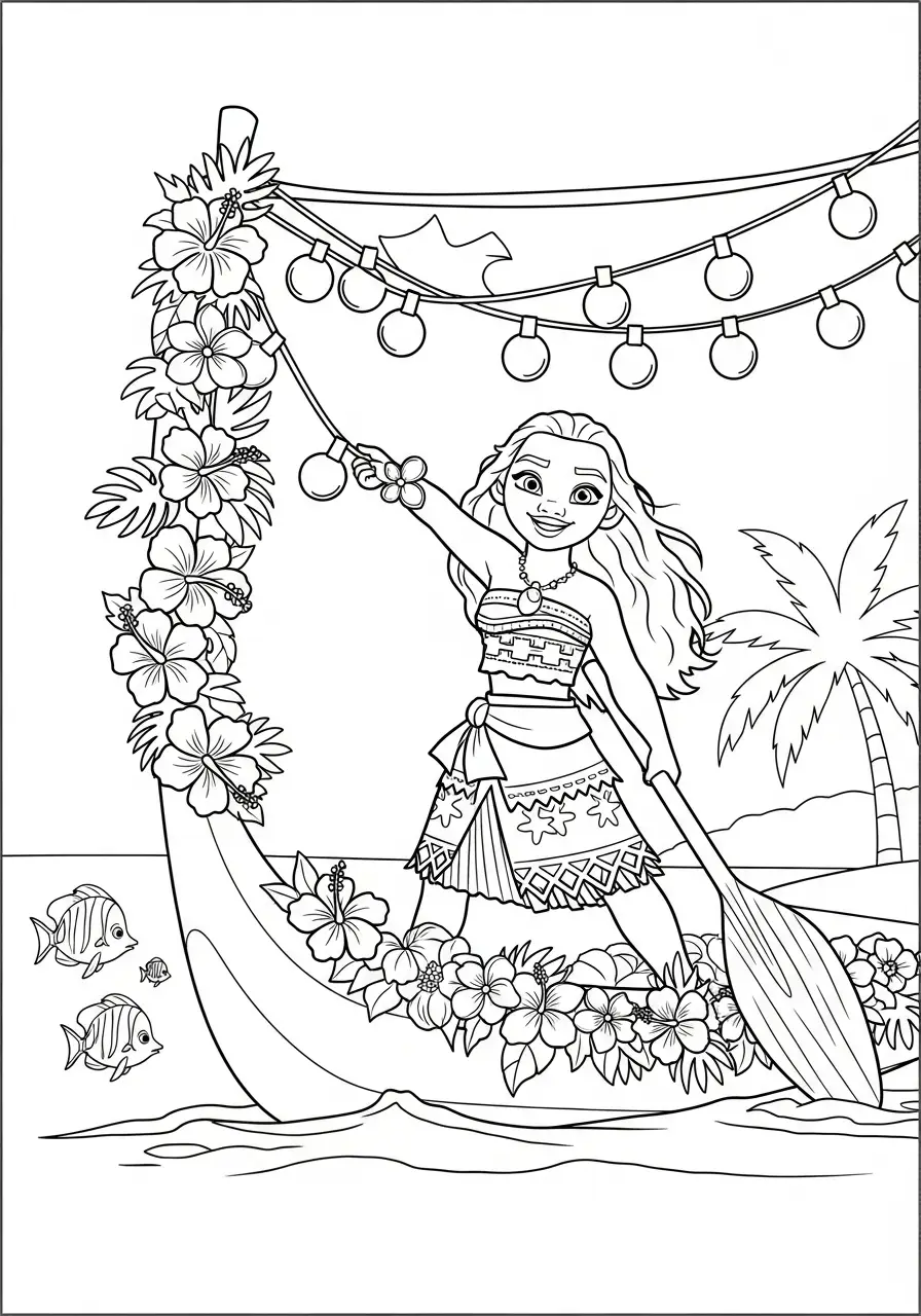 vaiana in kerstversierde kano kleurplaat