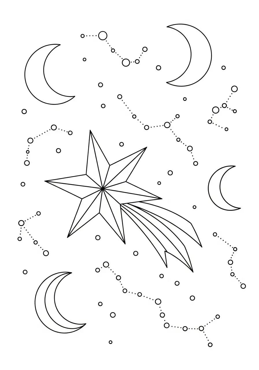 Kerstster Kleurplaat 10 vallende ster met maan en constellaties kleurplaat