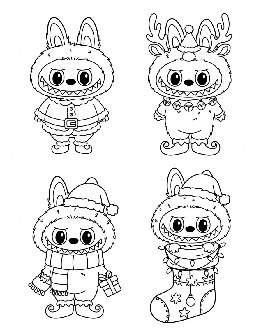 vier labubu kerst figuren een kleurplaat