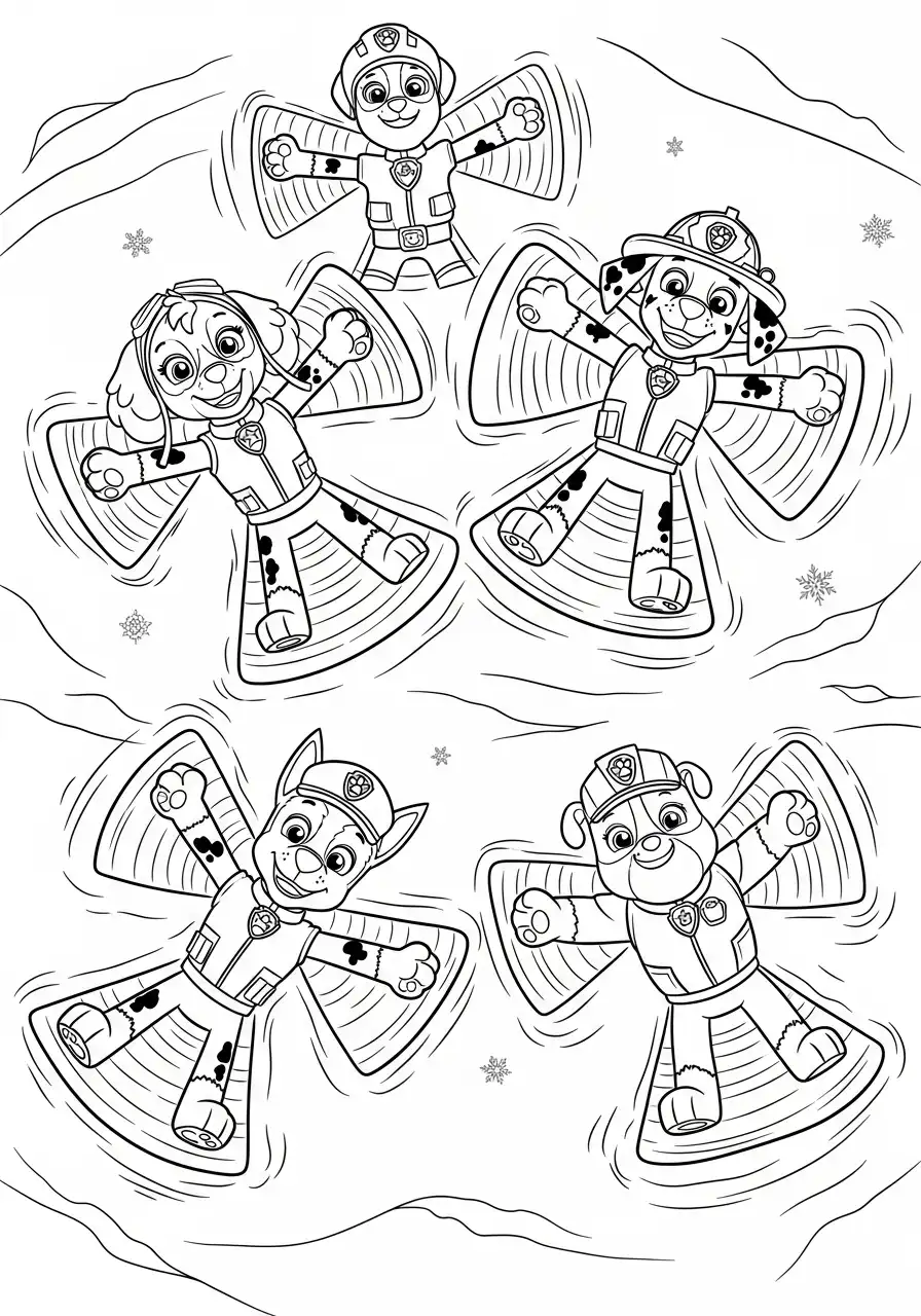 Paw Patrol Kerst Kleurplaat 72 vier pups maken sneeuwengelen Kleurplaat