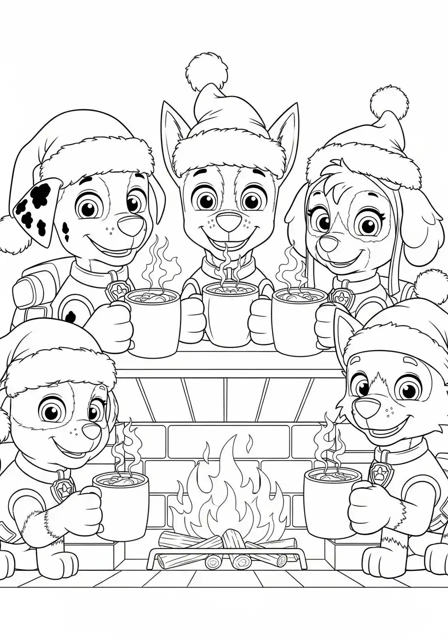 Paw Patrol Kerst Kleurplaat 73 vijf pups drinken warme drank bij open haard Kleurplaat