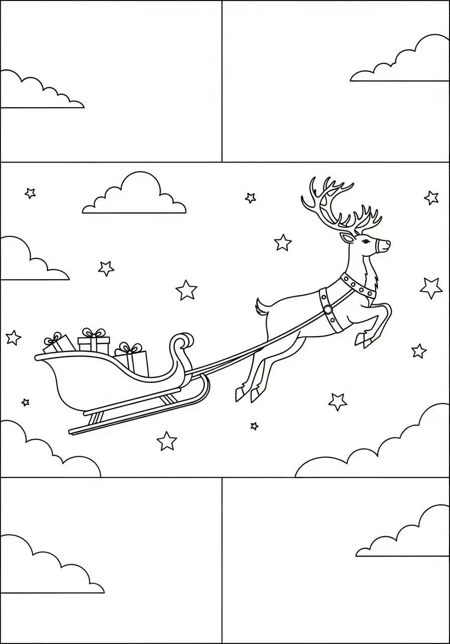 vliegend rendier trekt kerstslee met cadeaus