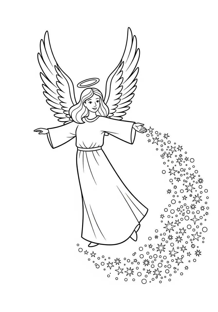 vliegende engel strooit sterrenstof kleurplaat