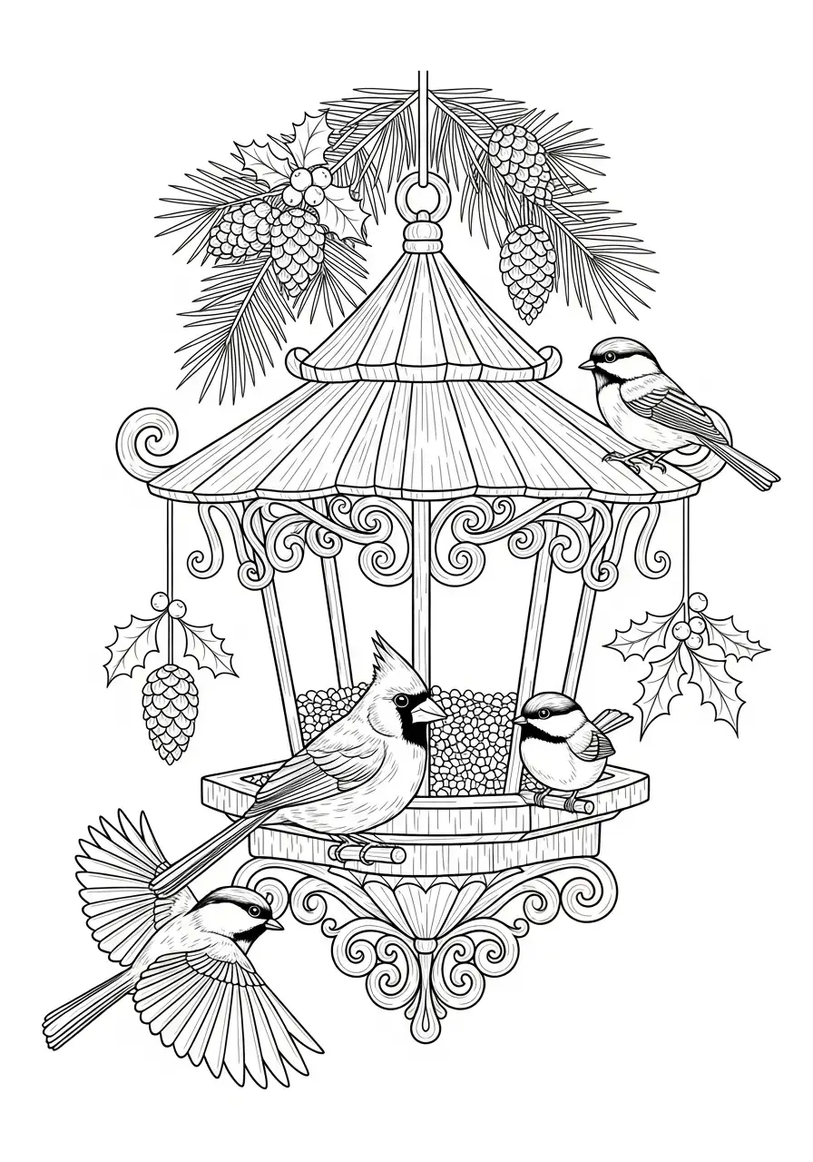 vogels bij voederhuisje winter kleurplaat