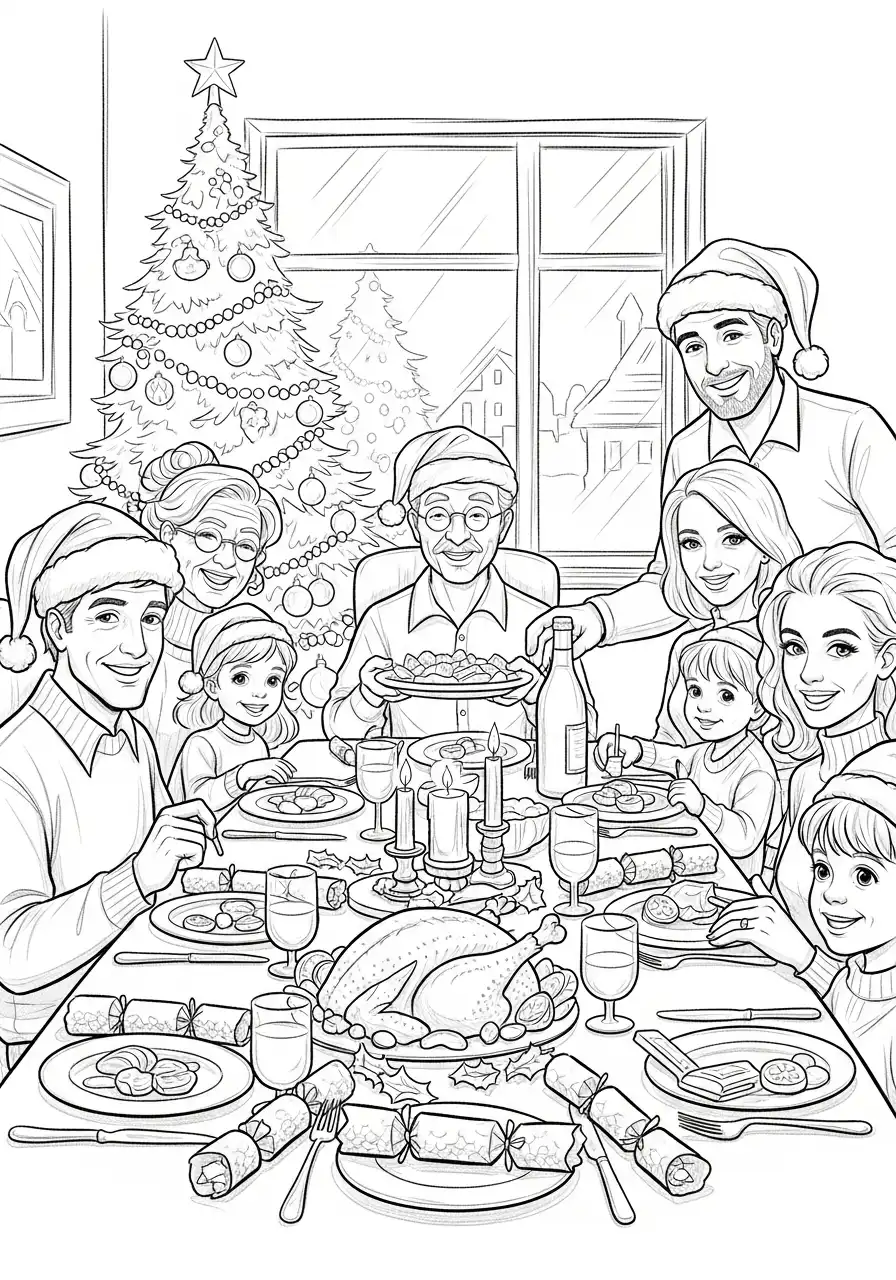 vrolijk familiediner met kerstmutsen kleurplaat