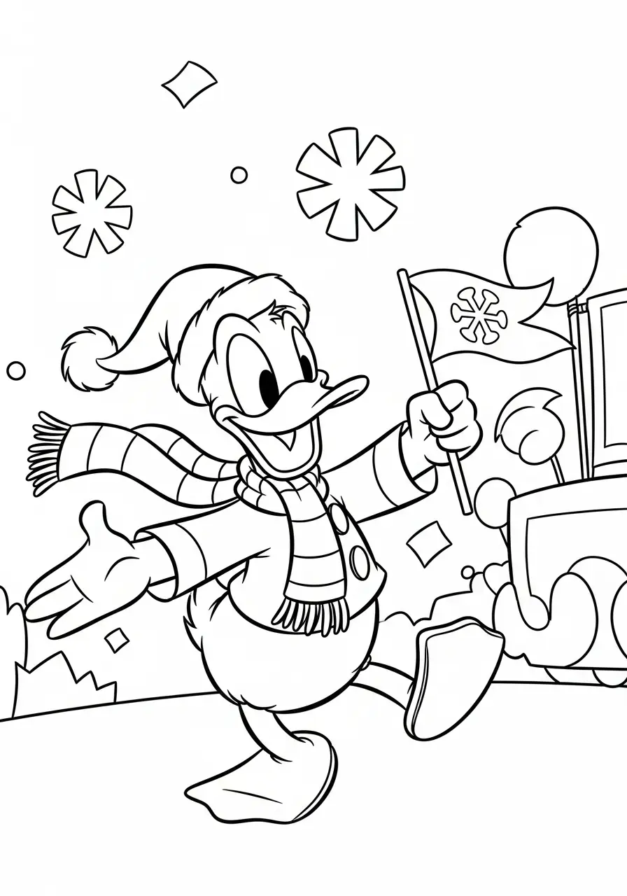 vrolijke donald duck in de winterparade kleurplaat