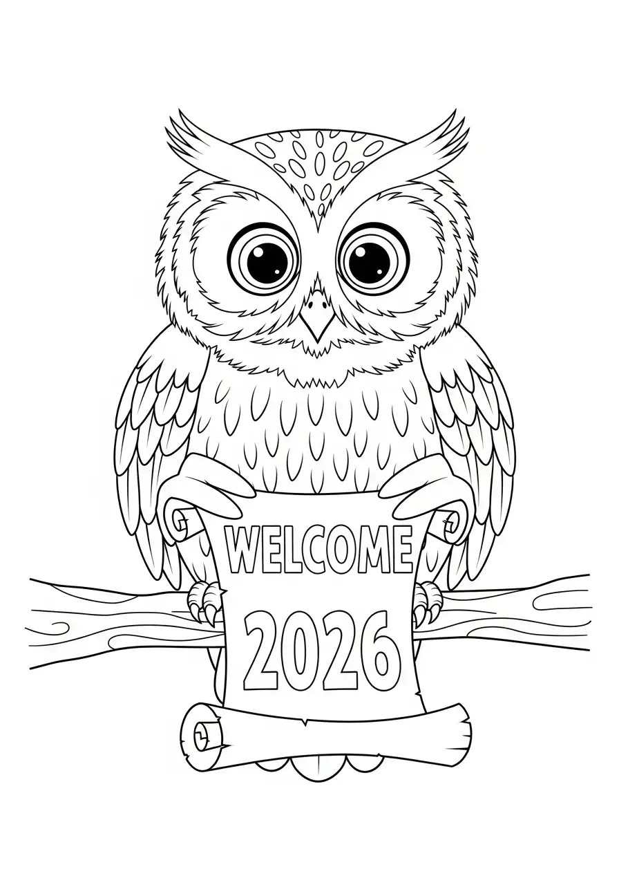 wijze uil welkom 2026 kleurplaat