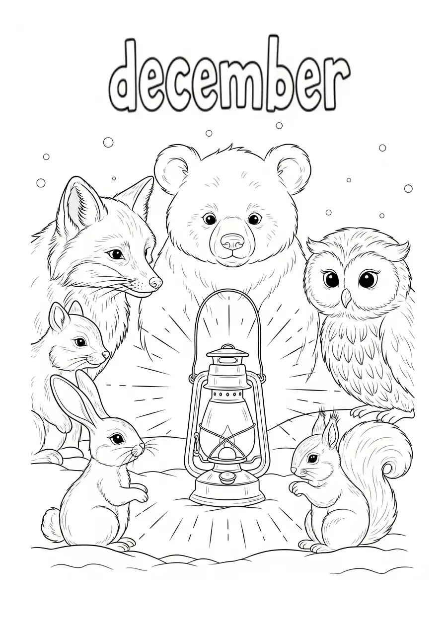 winterdieren rond lantaarn kleurplaat