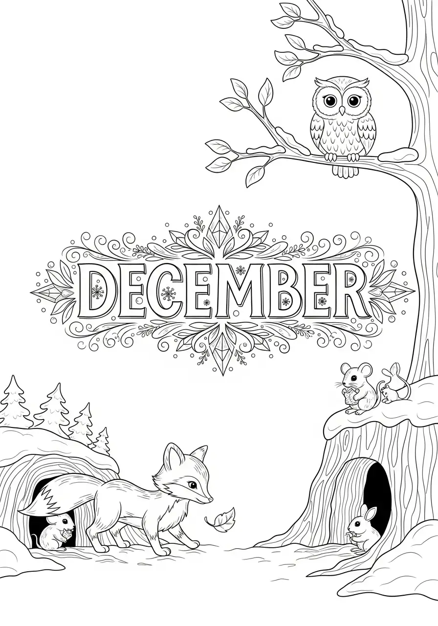 winterdieren vos uil en muizen december kleurplaat