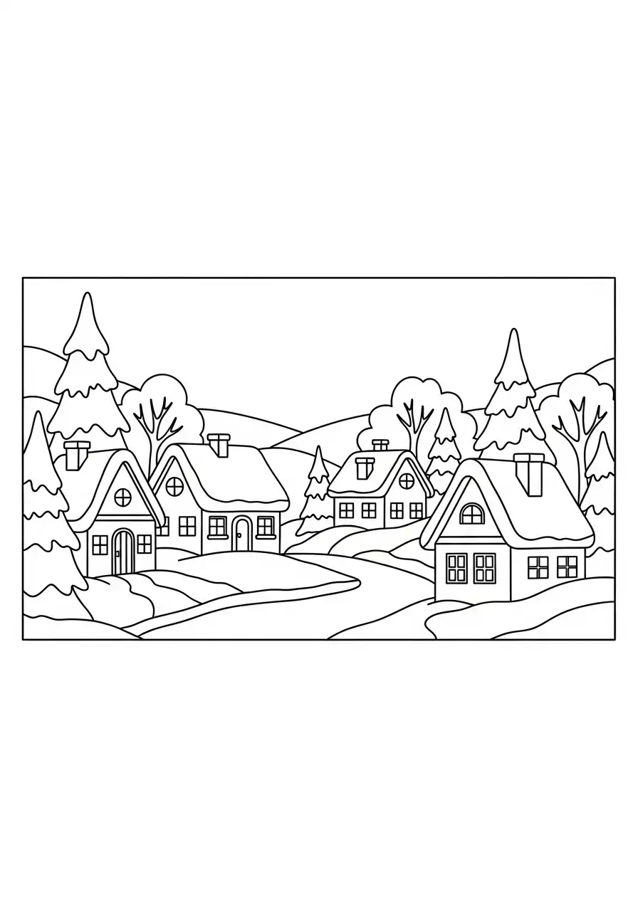 winterlandschap kerstdorp kleurplaat