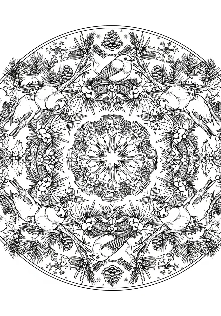 wintervogels en dennentakken kleurplaat
