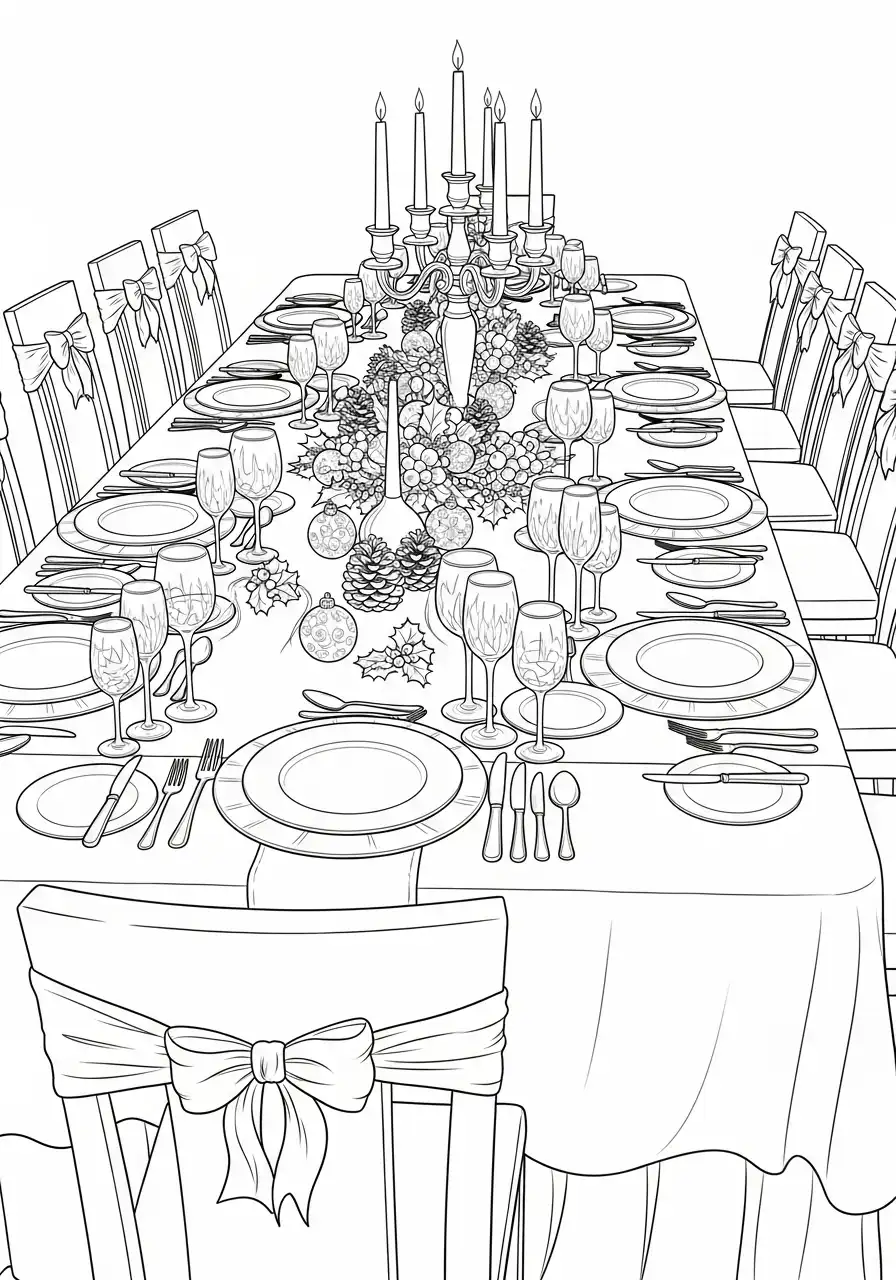 zeer lange feesttafel met kerstdecoratie kleurplaat