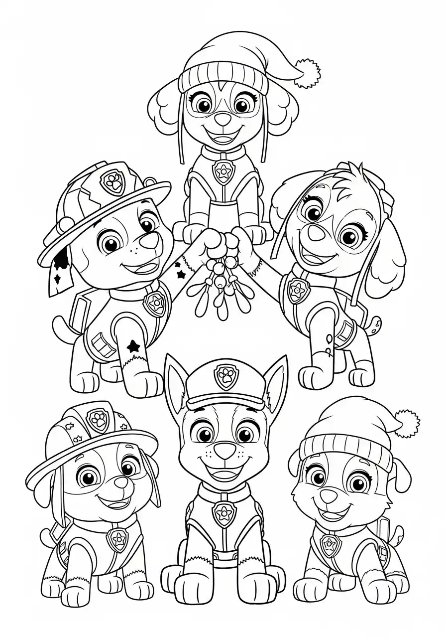 Paw Patrol Kerst Kleurplaat 74 zes paw patrol pups met kerstmutsen Kleurplaat
