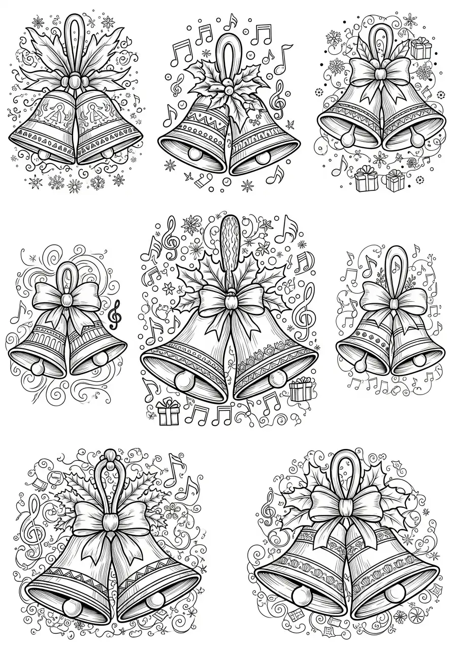 zeven kerstbellen decoraties kleurplaat