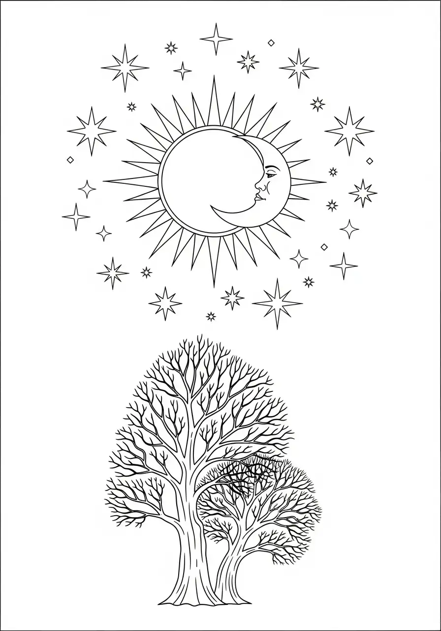 zon maan sterren bomen kleurplaat