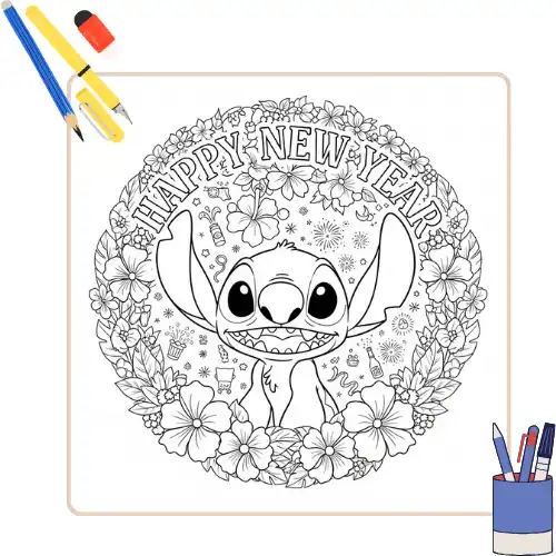 Kleurplaat Stitch Gelukkig Nieuwjaar thumbnail