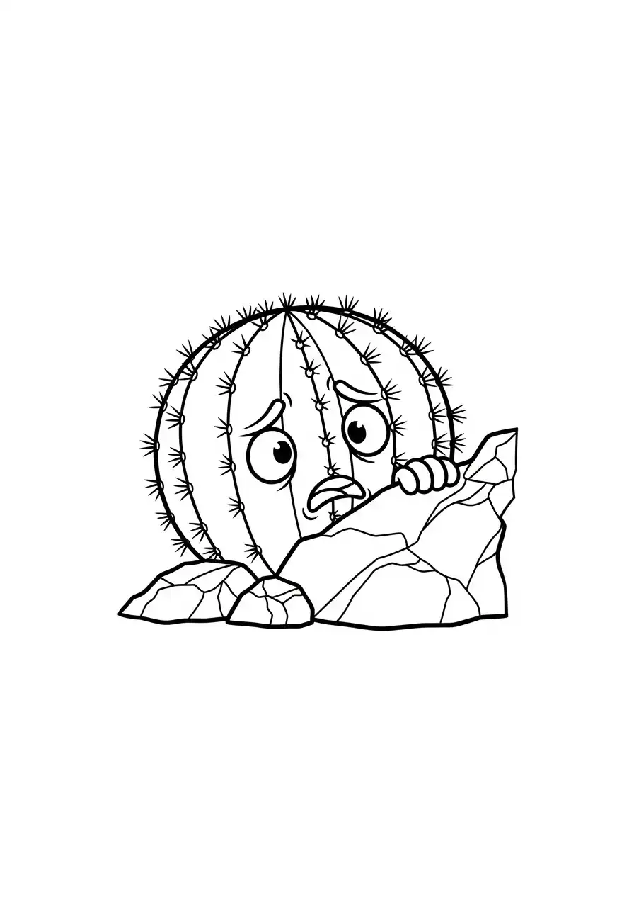 angstige bolcactus achter rotsen kleurplaat