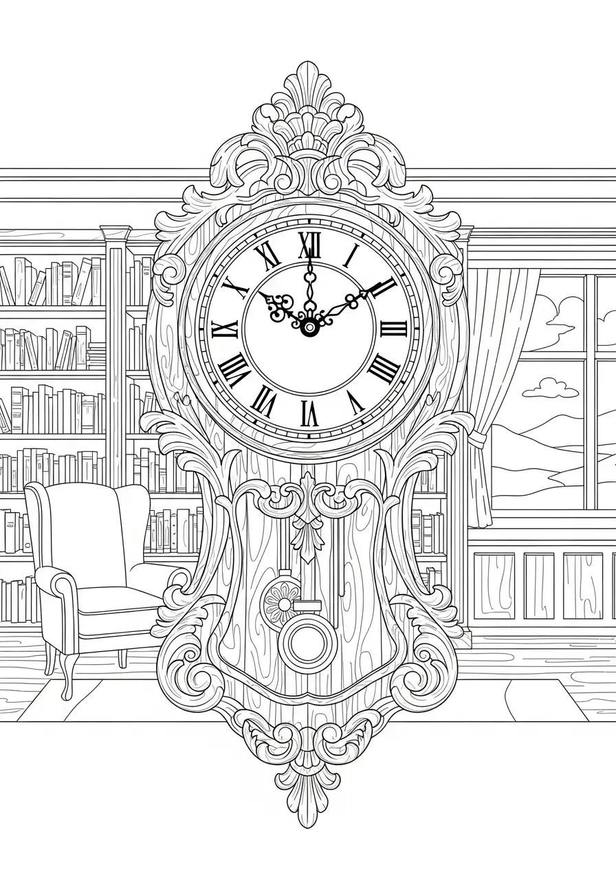 antieke staande klok bibliotheek kleurplaat