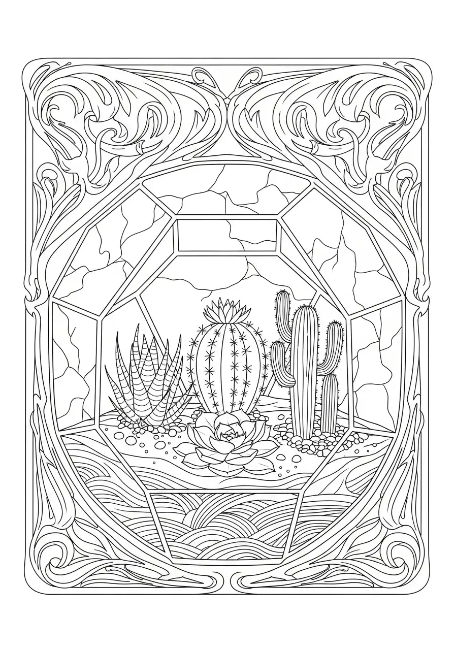 art nouveau cactus terrarium kleurplaat