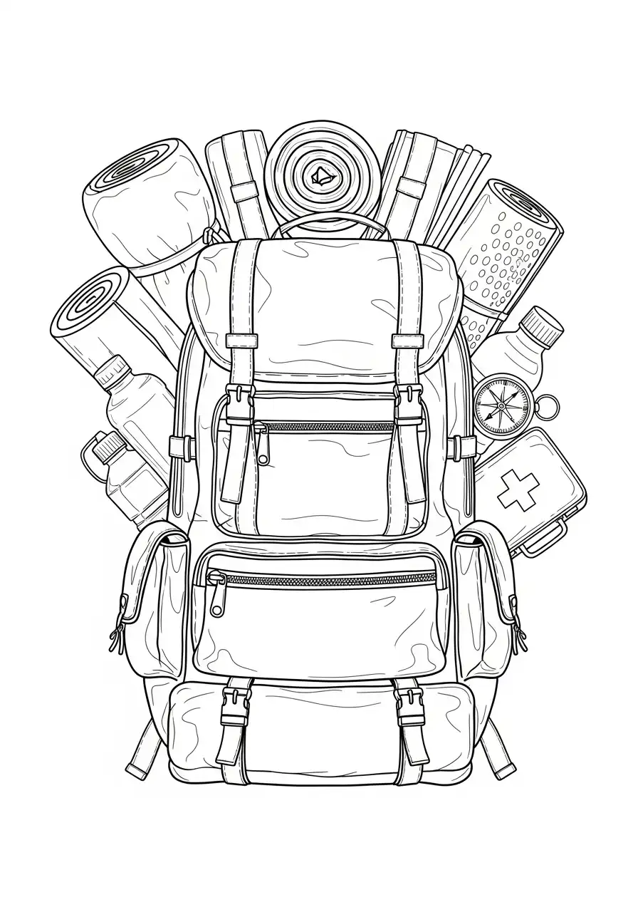 avontuur rugzak kampeeruitrusting kleurplaat