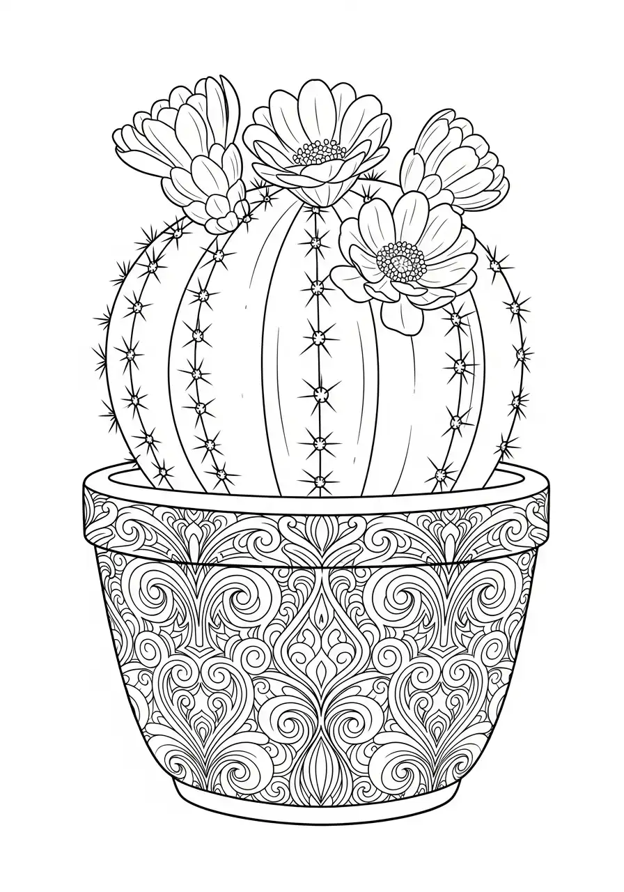 bloeiende cactus in gedetailleerde pot kleurplaat