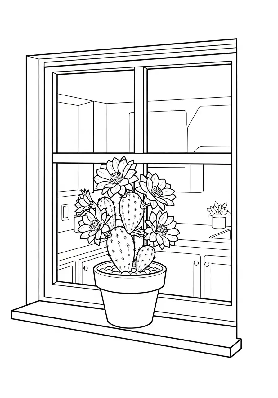 bloeiende cactus op de vensterbank kleurplaat