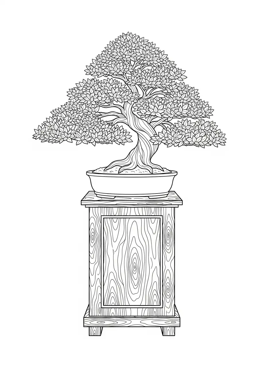 bonsai op houten sokkel kleurplaat