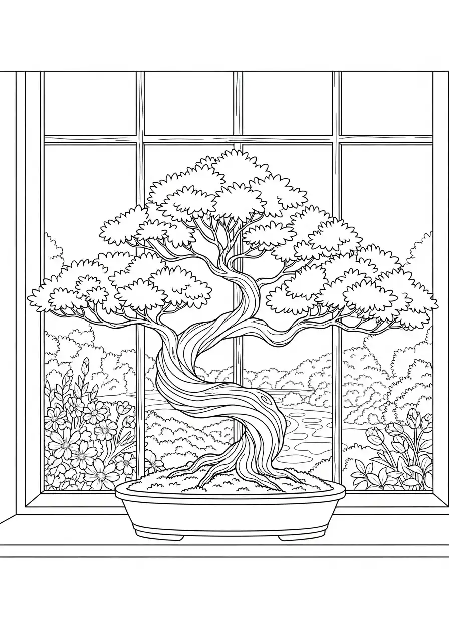 bonsai voor raam landschap kleurplaat