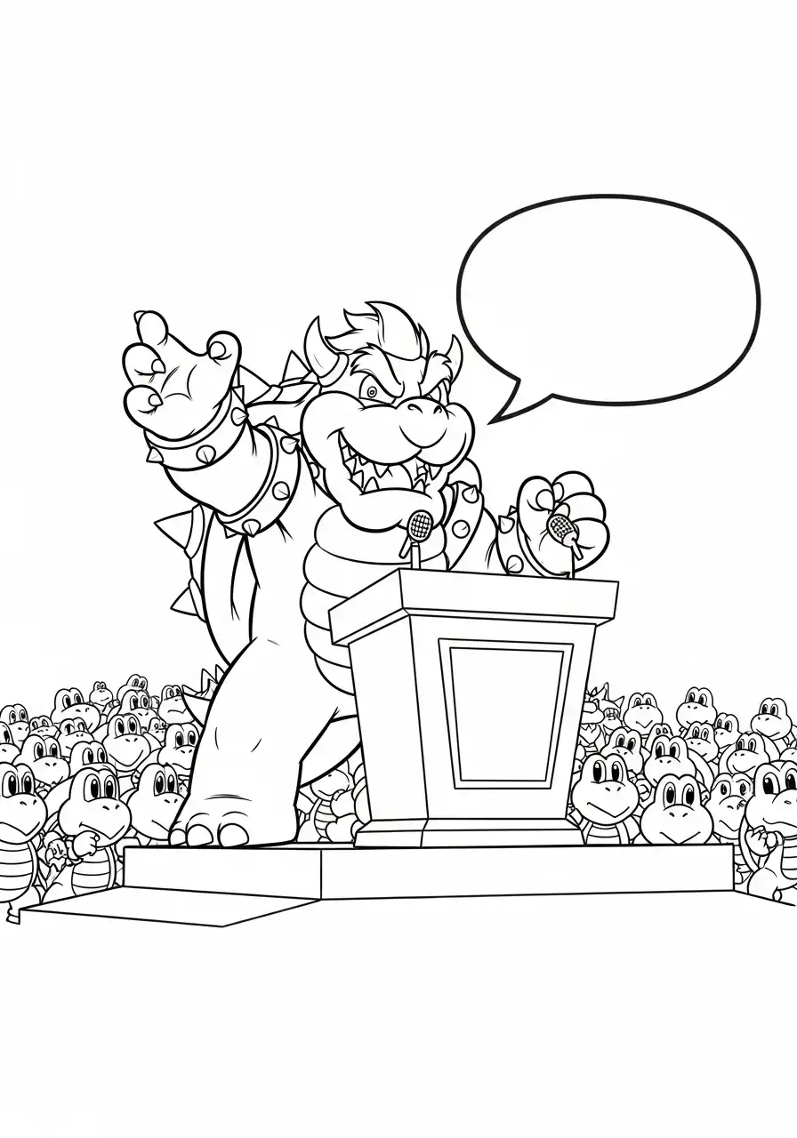 bowser geeft toespraak op podium kleurplaat