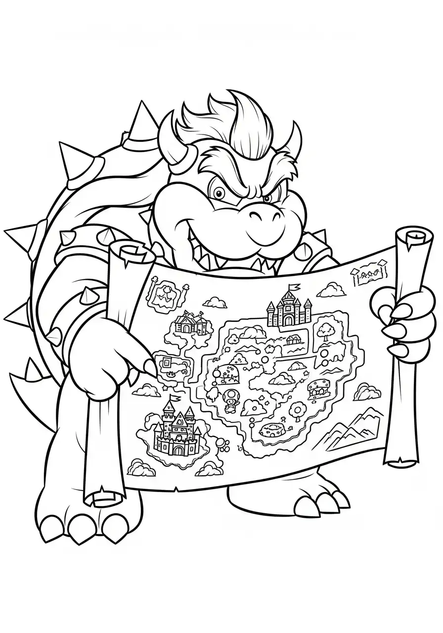bowser kijkt naar landkaart kleurplaat