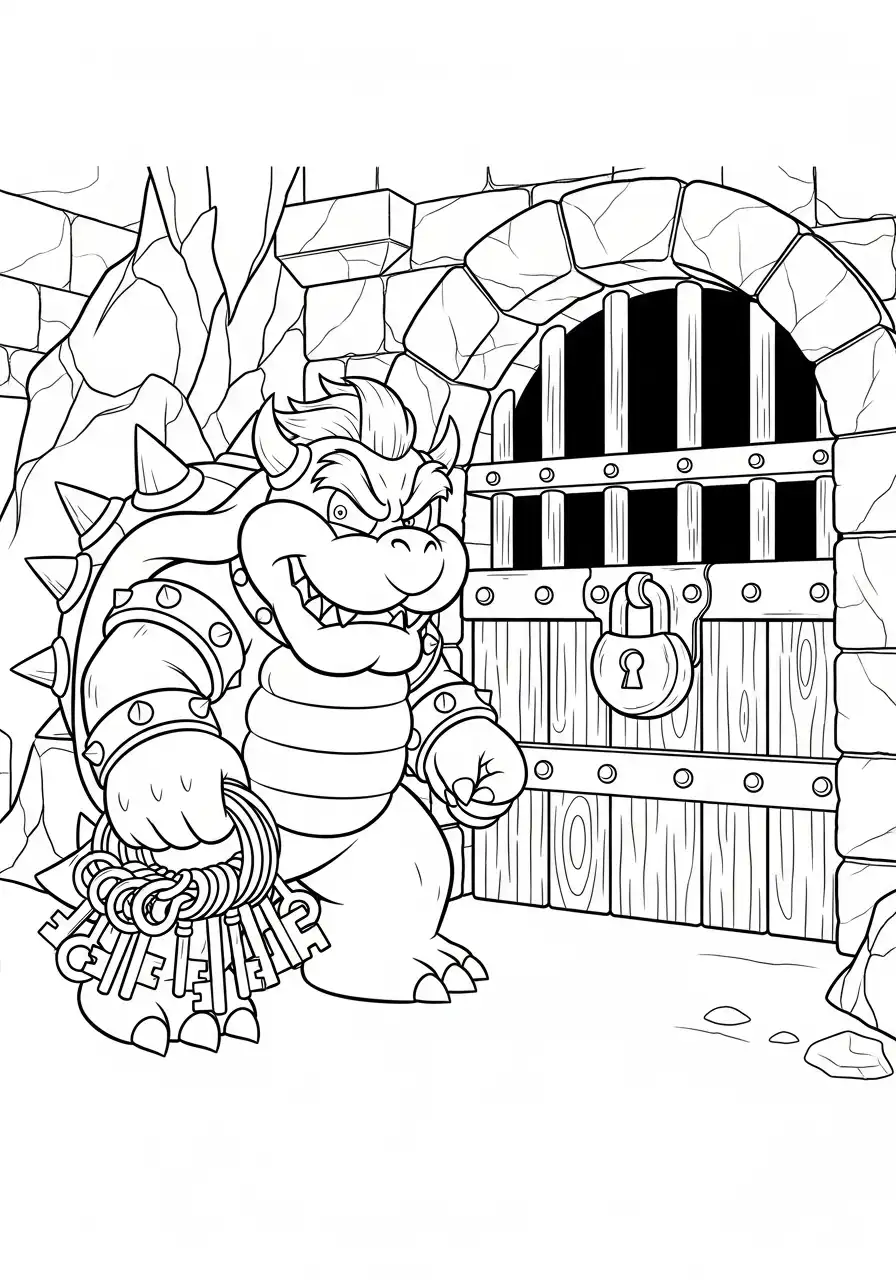 bowser met sleutels voor gevangenisdeur kleurplaat
