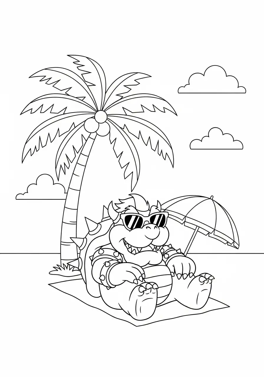 bowser op het strand kleurplaat