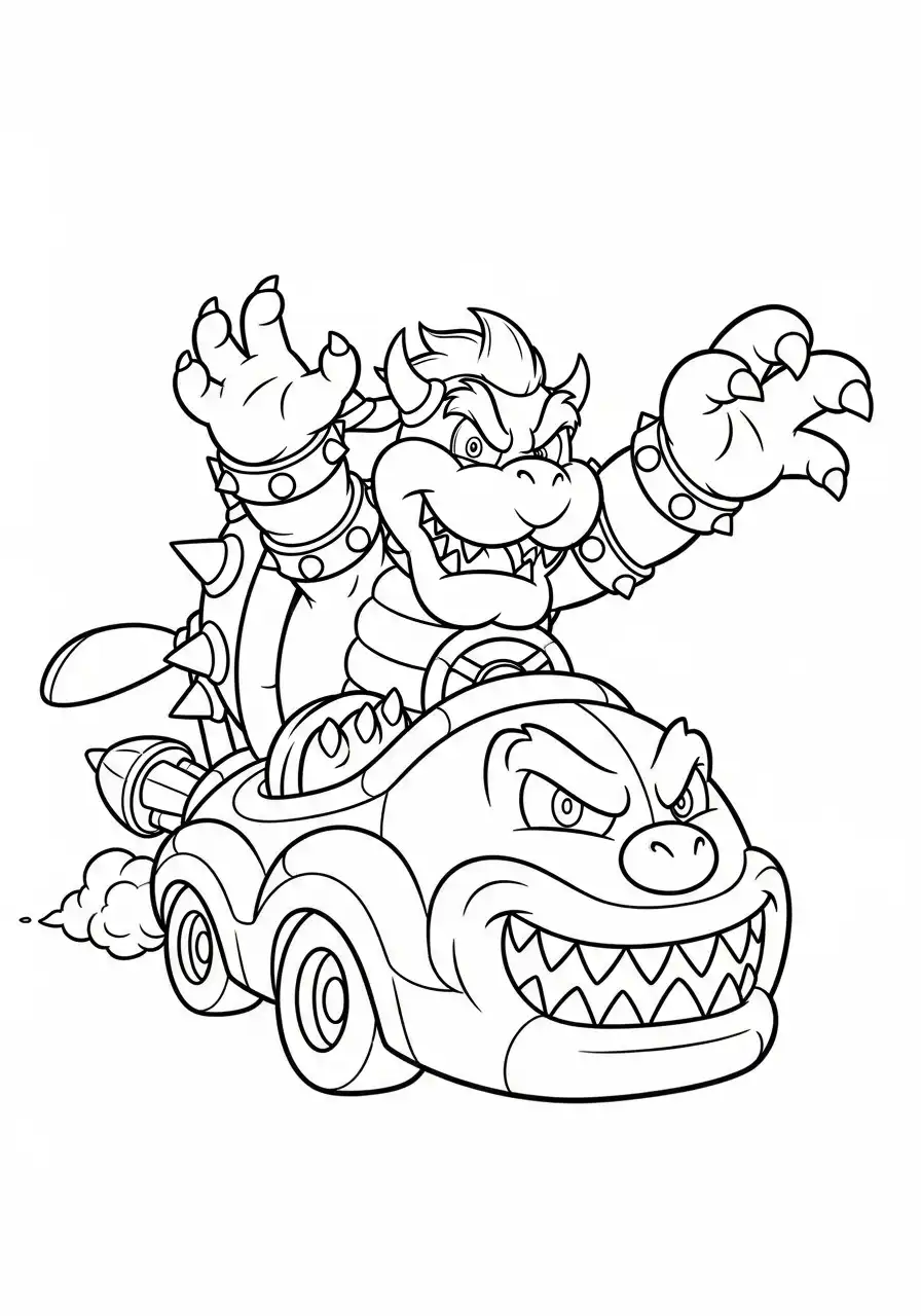 bowser rijdt kart staand kleurplaat