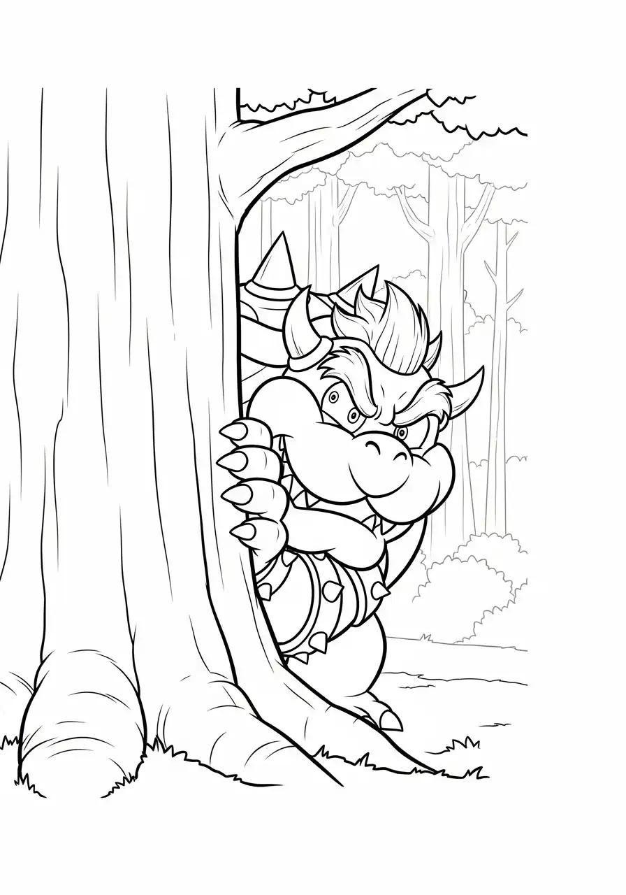 bowser verstopt achter boom kleurplaat