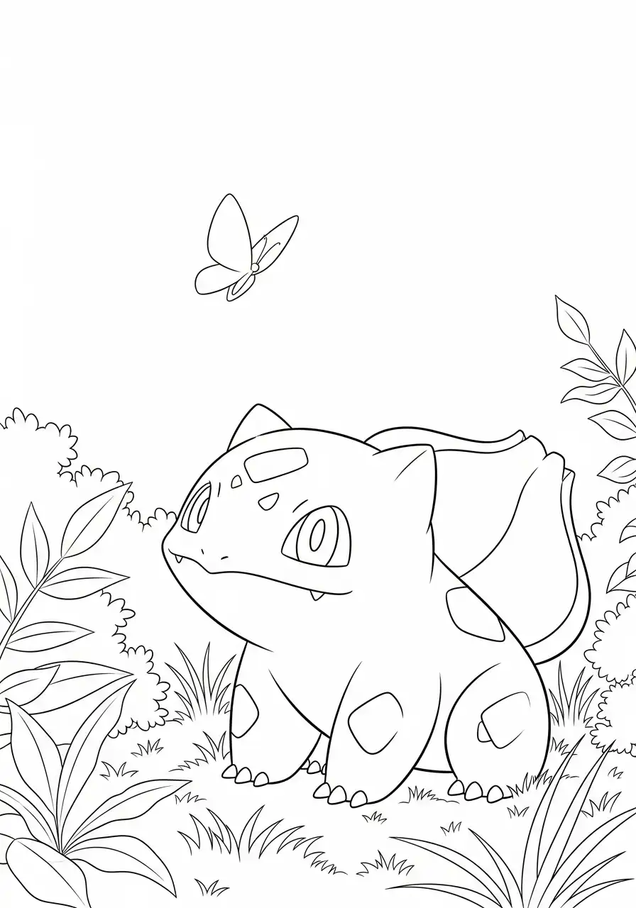 bulbasaur in het bos met vlinder kleurplaat
