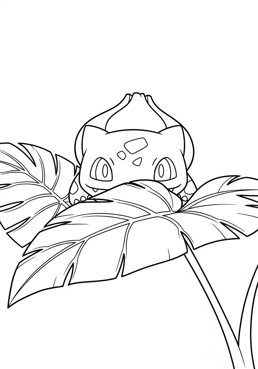 bulbasaur verstopt achter blad kleurplaat