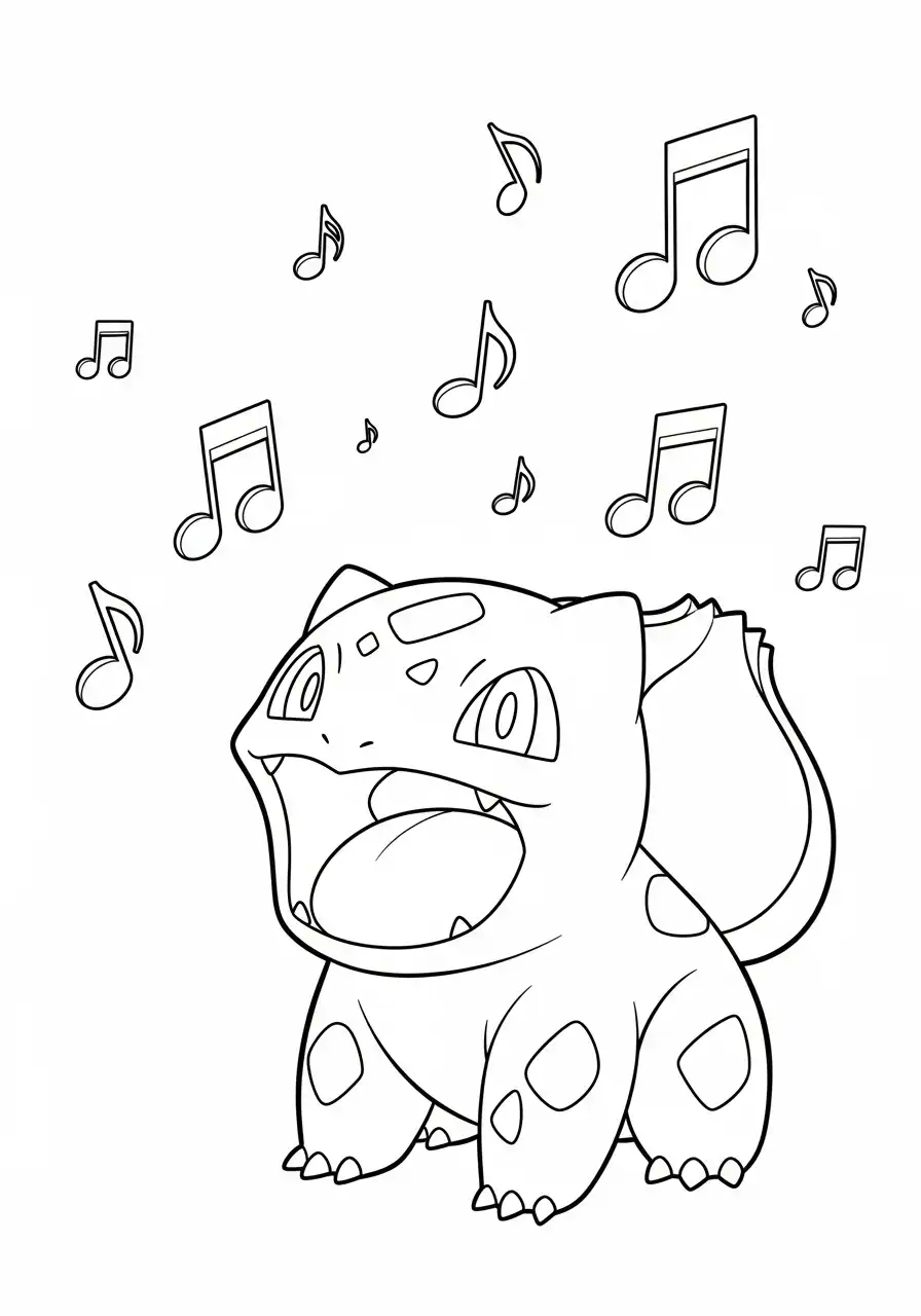 bulbasaur zingt met muzieknoten kleurplaat