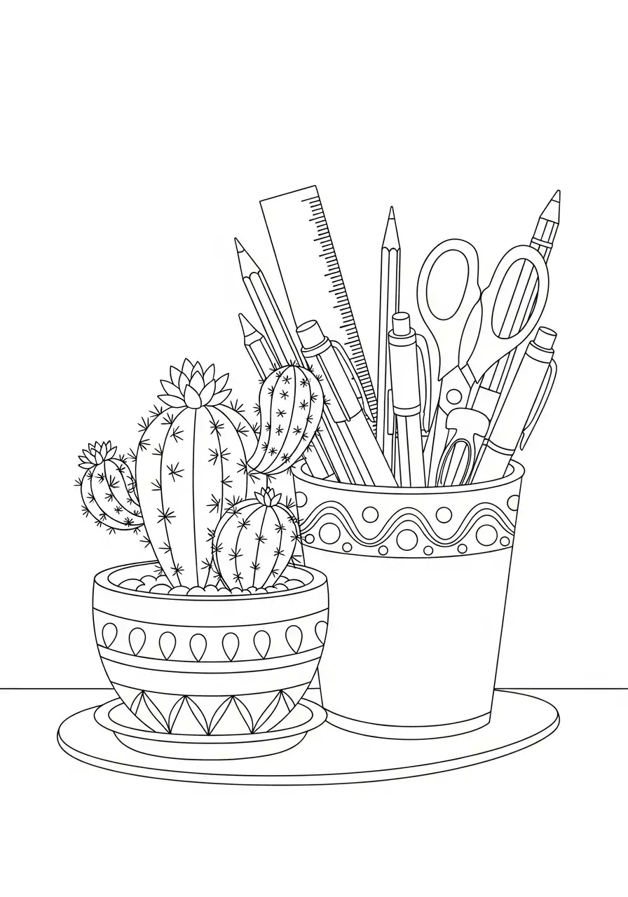 cactus en bureau accessoires kleurplaat