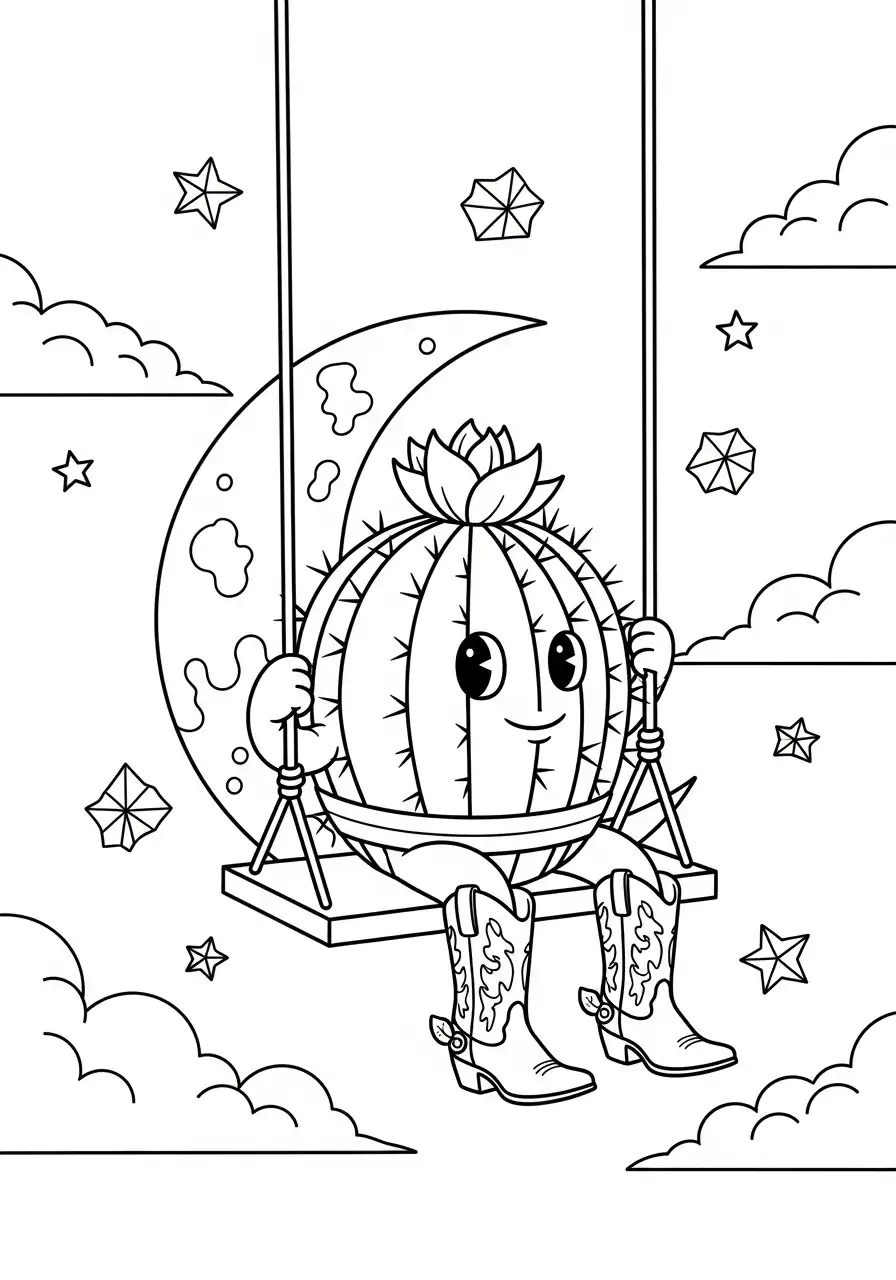 cactus op maanslinger met laarzen kleurplaat