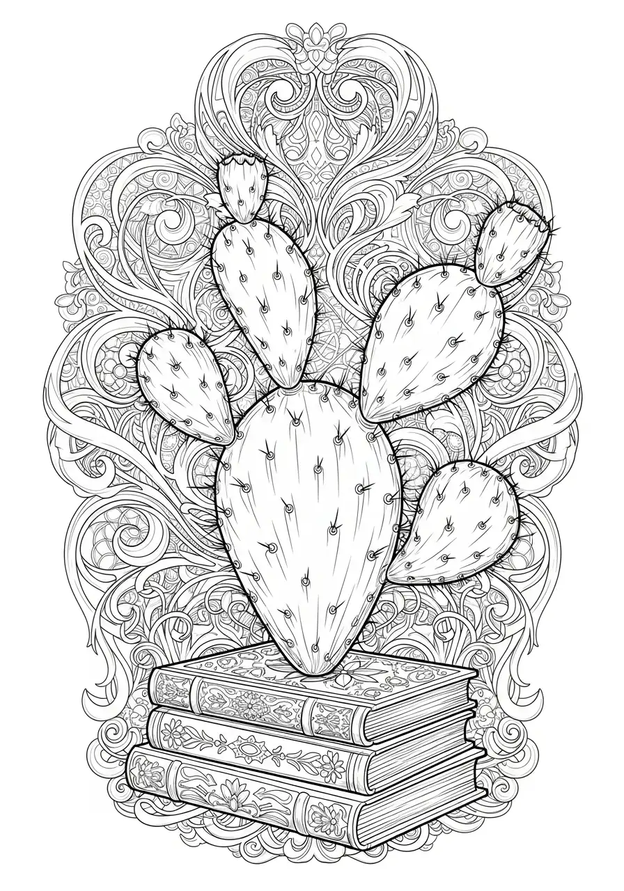 cactus op stapel boeken met sierlijke patronen kleurplaat