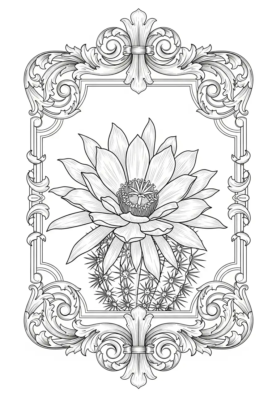 cactusbloem in barok frame kleurplaat