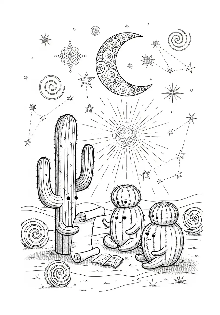 cactussen lezen onder maan en sterren kleurplaat