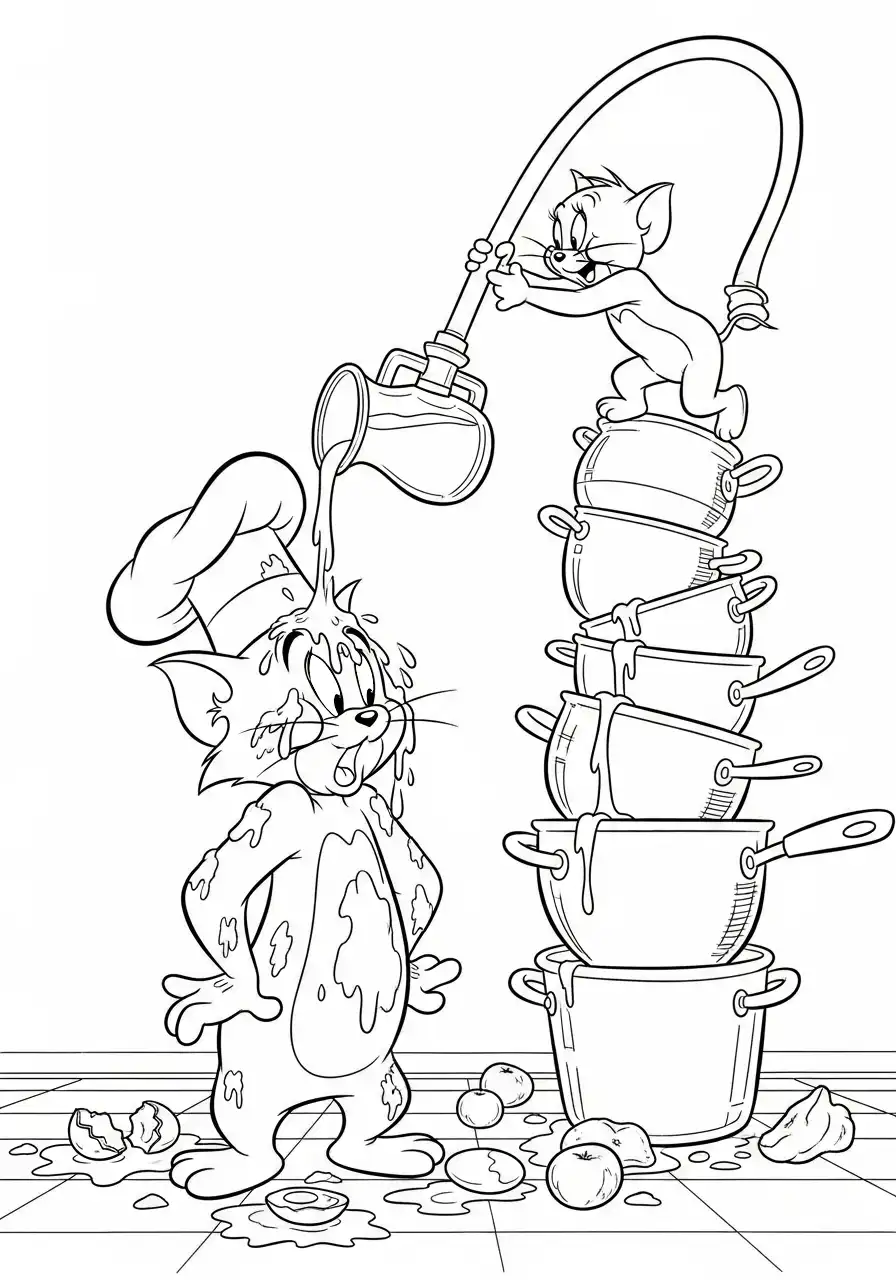 Kleurplaat Tom en Jerry 8 chef tom wordt nat pottenstapel kleurplaat