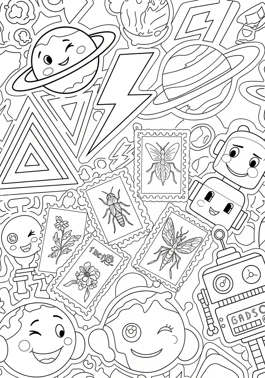 Kleurplaat Sticker 11 collage planeten postzegels kleurplaat