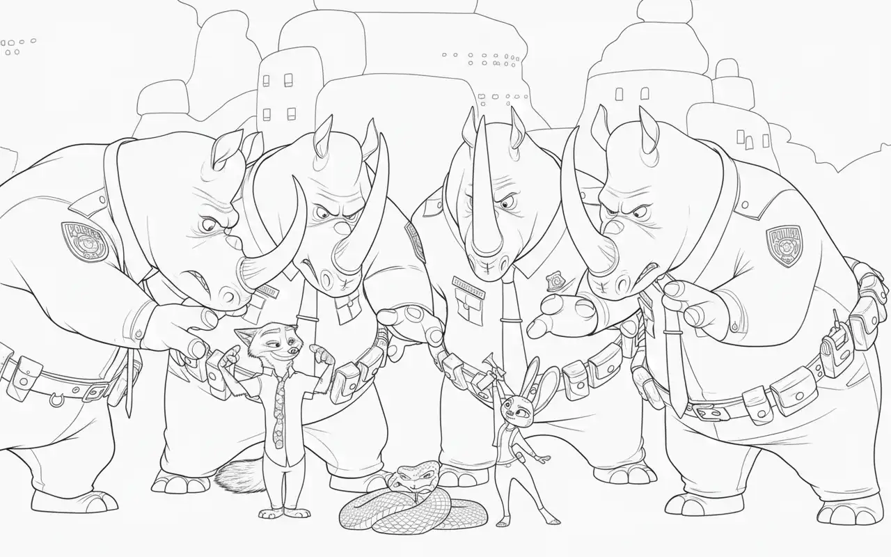 confrontatie nick en judy met vier neushoorn agenten