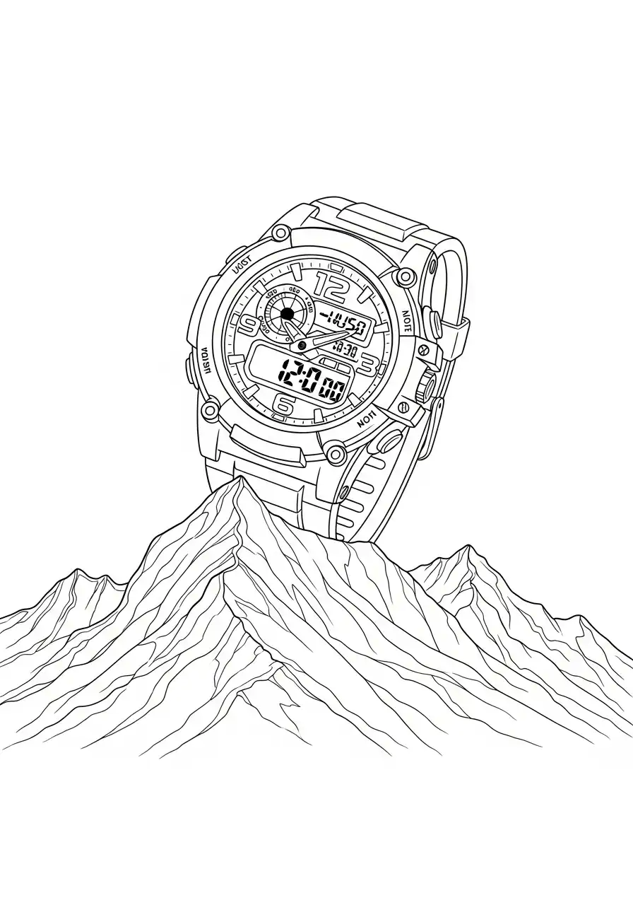 digitaal horloge op bergtop kleurplaat