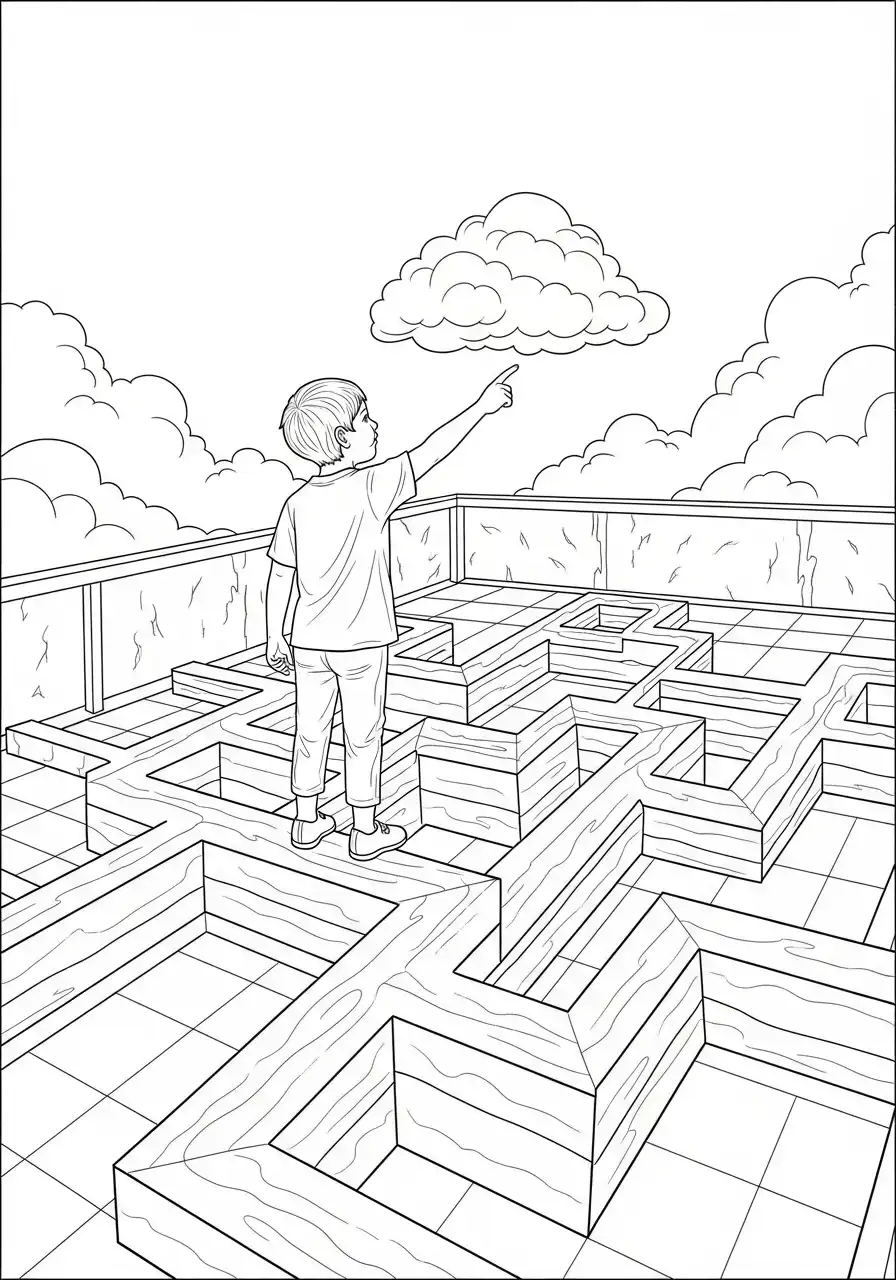 Kleurplaat Optische illusies 12 doolhof met onmogelijk perspectief kleurplaat